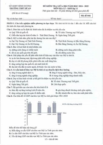 Đề thi Giữa kì 1 Địa lí 11 năm 2024-2025 trường THPT Dĩ An (Bình Dương)